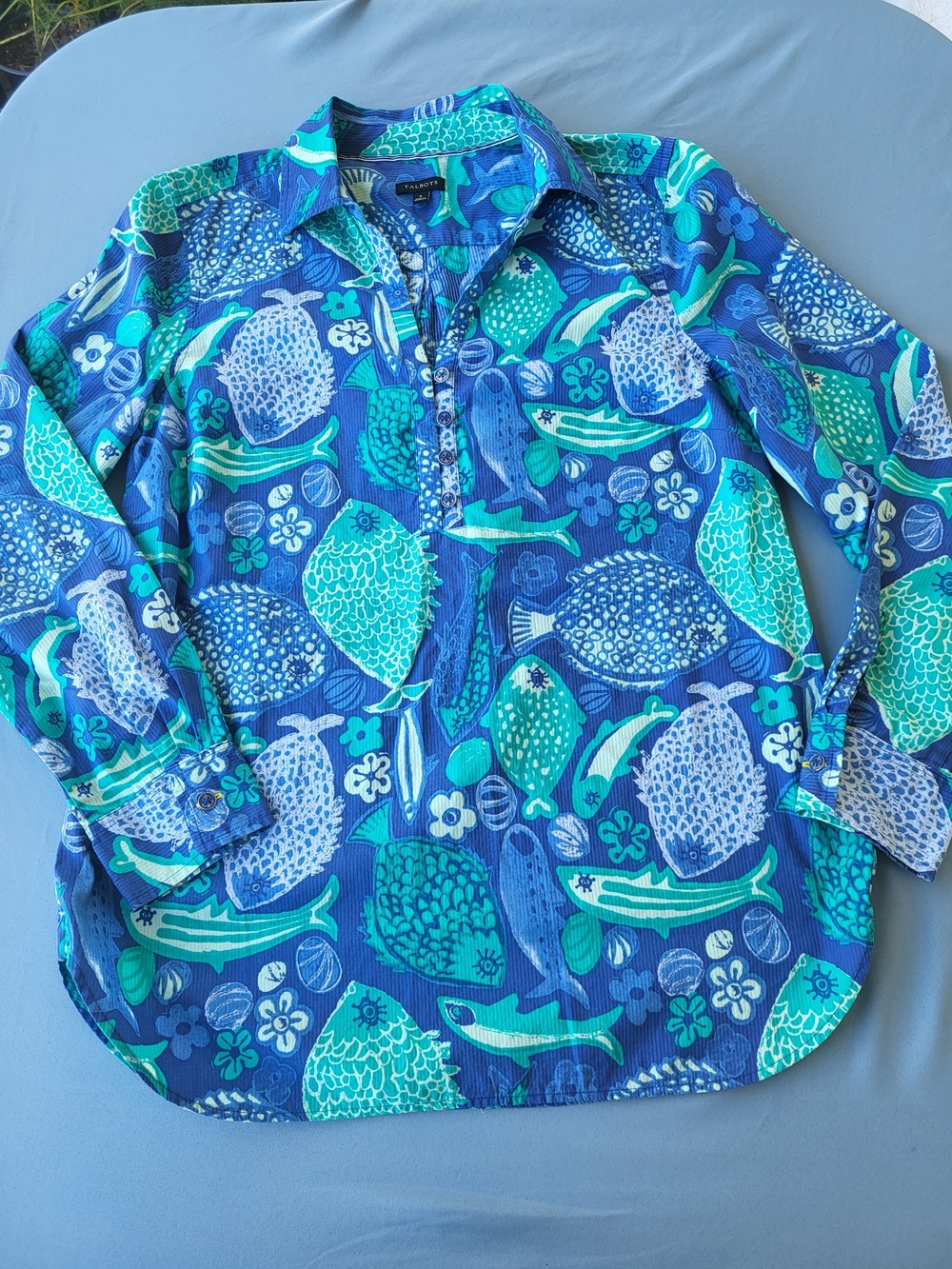 Talbots Blue & Teal Fish-Print Button Down Shirt